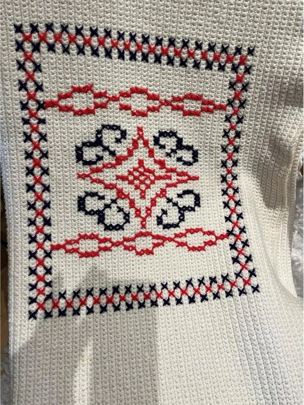 35x66” Red White & Blue Tight Knit Hippy Boho Afghan Mid Century Modern Blanket